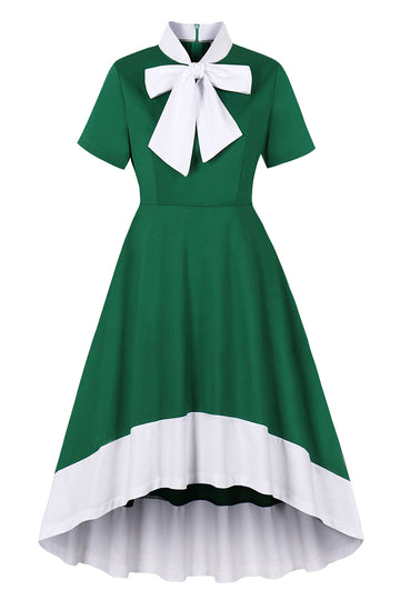 Vestido asimétrico con volantes de la década de 1950 en verde oscuro con lazos